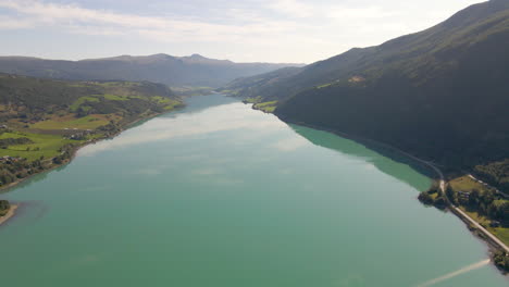 scenic view of vagavatnet lake in norway, scandinavia, europe - aerial drone shot