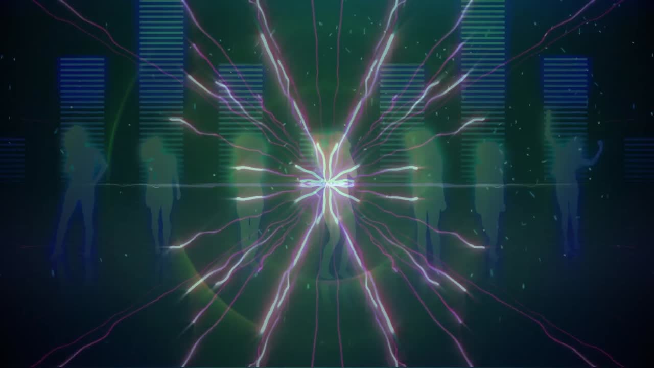 Pink digital waves over silhouettes of people dancing and music equalizer against blue background