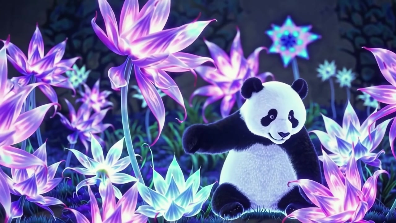 Panda animato seduto tra fiori bioluminescenti luminosi