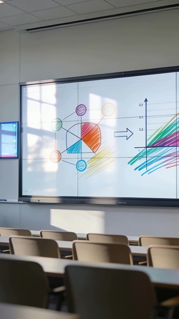 Vertical video: Shifting sunlight causing camera movement and display showing diagram in classroom
