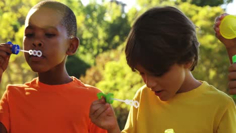 grupo de niños soplando burbujas en el parque
