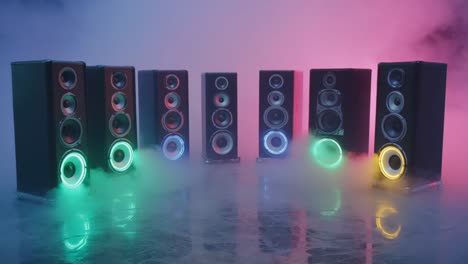 row of speakers with glowing leds