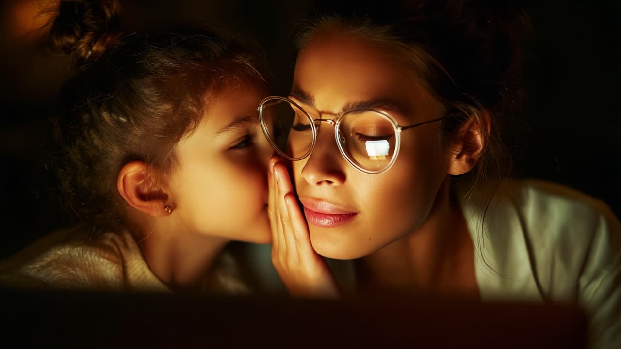 A heartwarming moment captured between a mother and daughter sharing secrets in a cozy, softly lit atmosphere, showcasing the bond of trust, love, and intimacy in their relationship