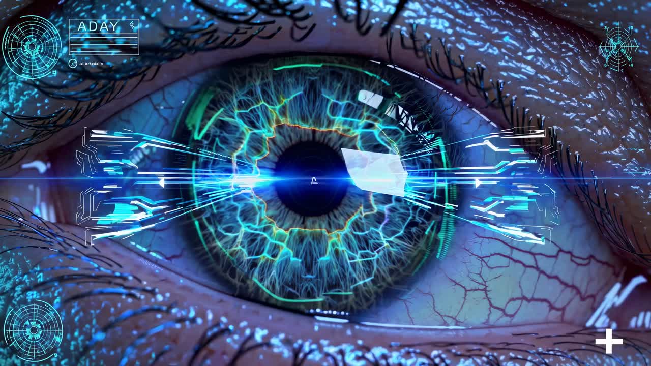 Close-up of a futuristic eye with digital overlays, simulating a sci-fi video interface