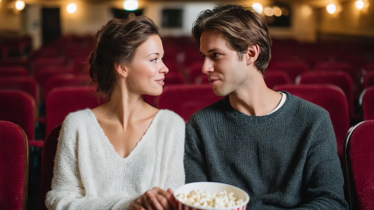 Un moment captivant : un couple profite d’un rendez-vous intime au cinéma dans une salle chaleureuse, entouré d’une ambiance cinématique et d’un bol de pop-corn à partager.