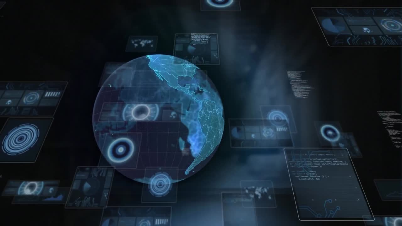 Animation of data processing with scope scanning and globe over warehouse
