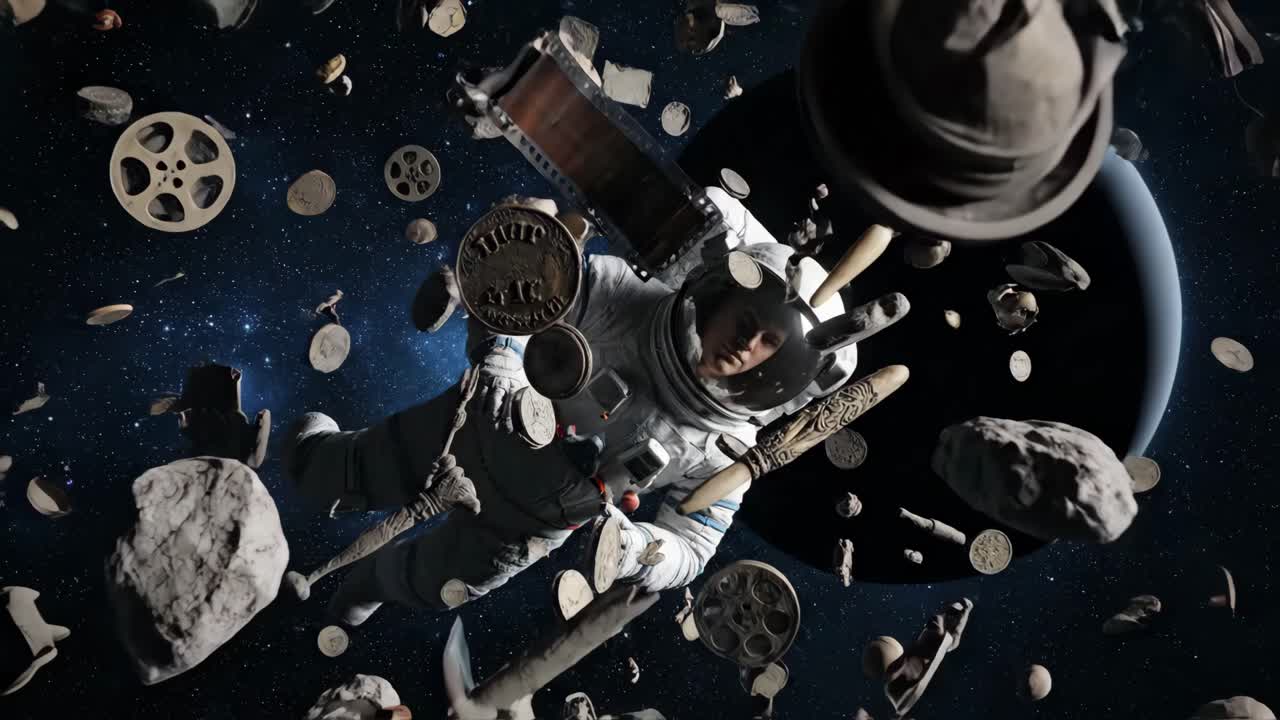 Astronauta nello spazio circondato da oggetti d'epoca