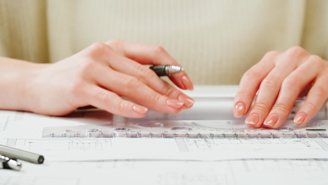 Hands drawing architectural plans with a pen and ruler