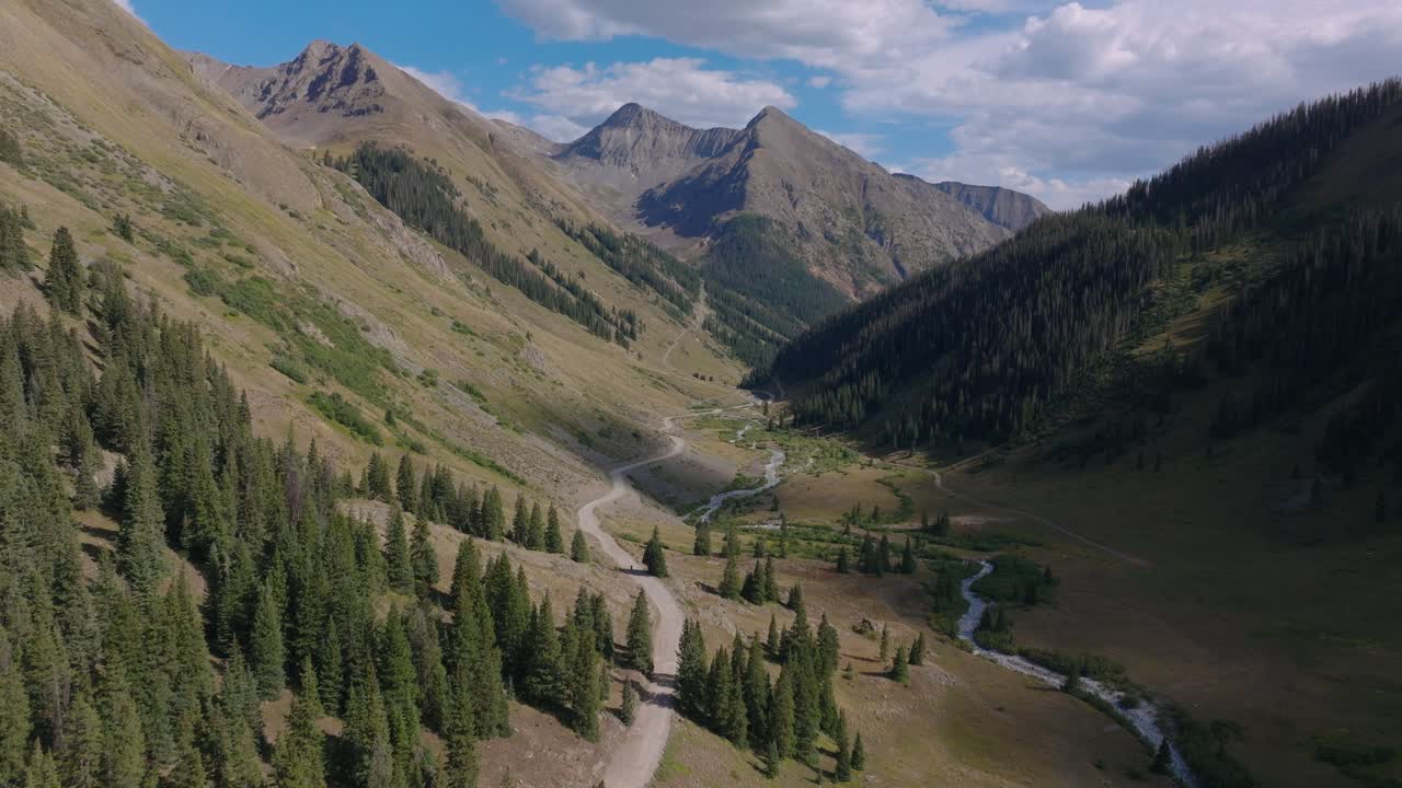 Ampia veduta aerea di una valle di montagna e di una tortuosa strada alpina vicino ad Animas Forks, sfondo panoramico, Trans America Trail, Colorado, USA