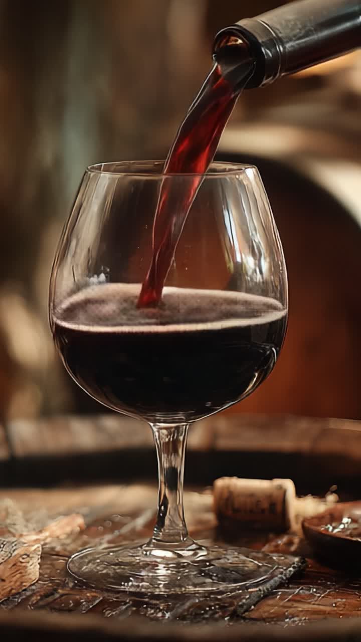 Una transformación cautivadora: servir vino tinto intenso en una copa y su transición a tonos más oscuros con aromas seductores y una presentación elegante.