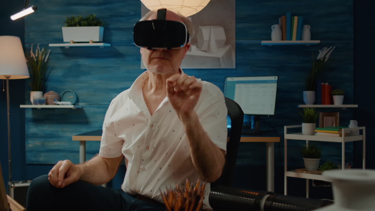 Retired man using vr glasses with virtual augmented reality