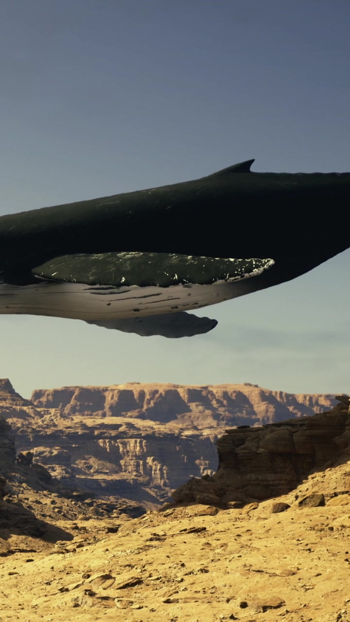 Una balena megattera salta fuori dall'acqua sopra un paesaggio a canyon durante una giornata limpida.