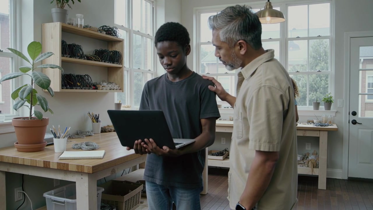 Pointing mentor guiding teen in dark tee at workshop, holding laptop and touching shoulder