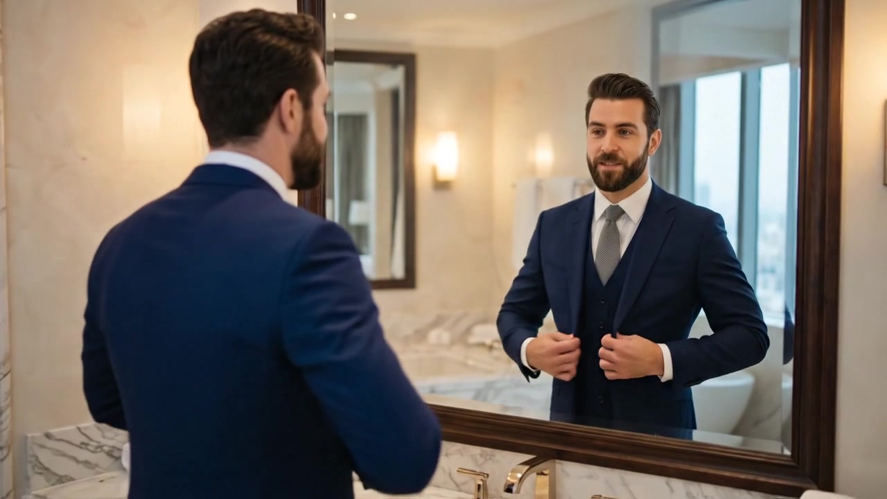 Uomo d'affari che si sistema l'abito nello specchio di un ufficio moderno