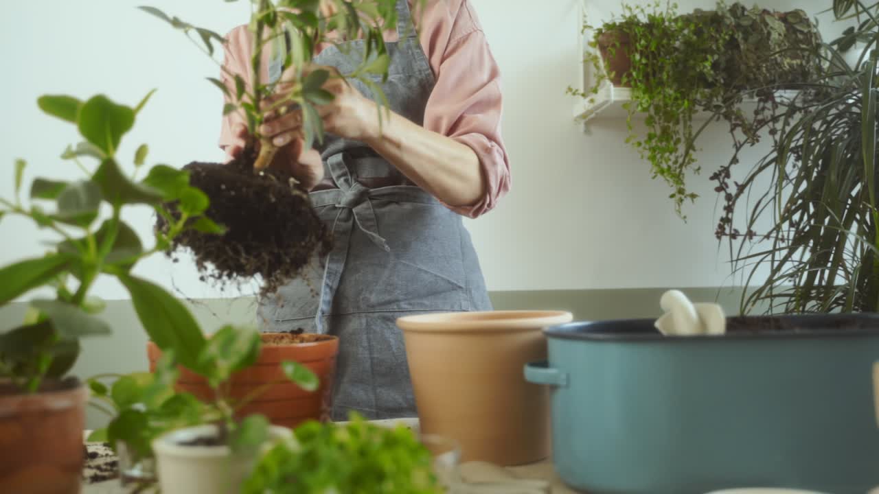 Giardiniera che estirpa una pianta di Schefflera arboricola