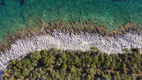 Fondo-Del-Mar-Visto-A-Través-Del-Agua-Azul-Cristalina-Con-Suaves-Olas-Salpicando-En-La-Costa-Rocosa-De-La-Isla-De-Losinj-Con-árboles-Verdes-En-Croacia