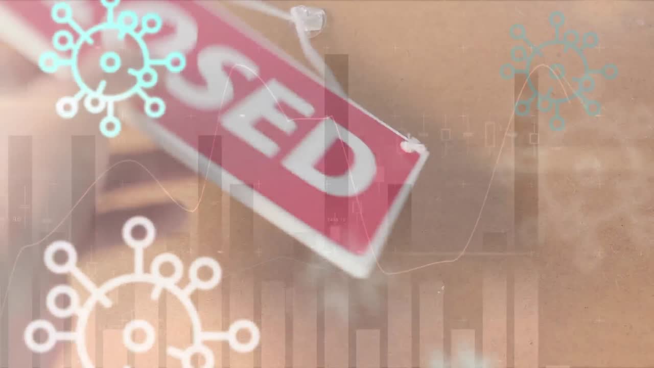 코로나19 세포 아이콘의 애니메이션이 코카시안 손 위에 떠다니며 열린 표지판을 닫은 표지판으로 변경합니다.