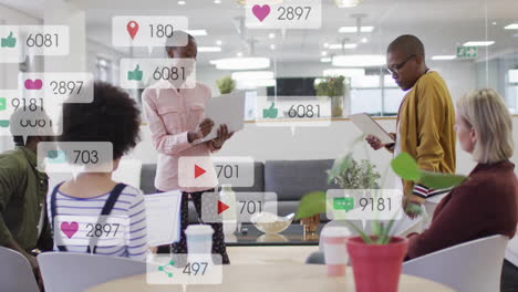 people in office interacting with social media notifications overlay animation