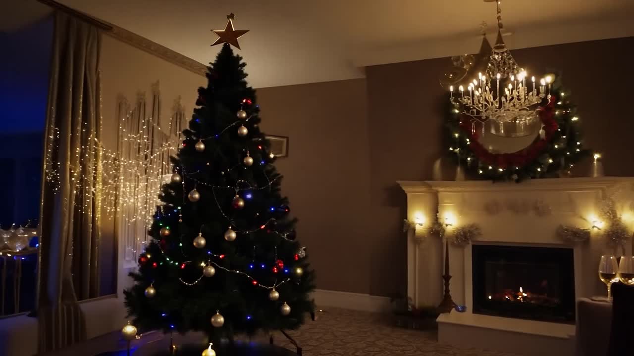árbol de navidad decorado con adornos y luces está apareciendo en una sala de estar, con un fondo negro