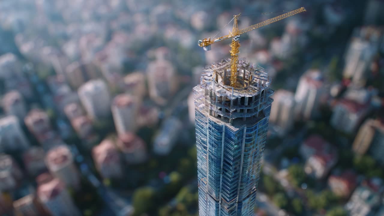 Construction Progress of a Skyscraper with Crane over Urban Landscape from Aerial View Emphasizing Modern Architecture and Urban Development