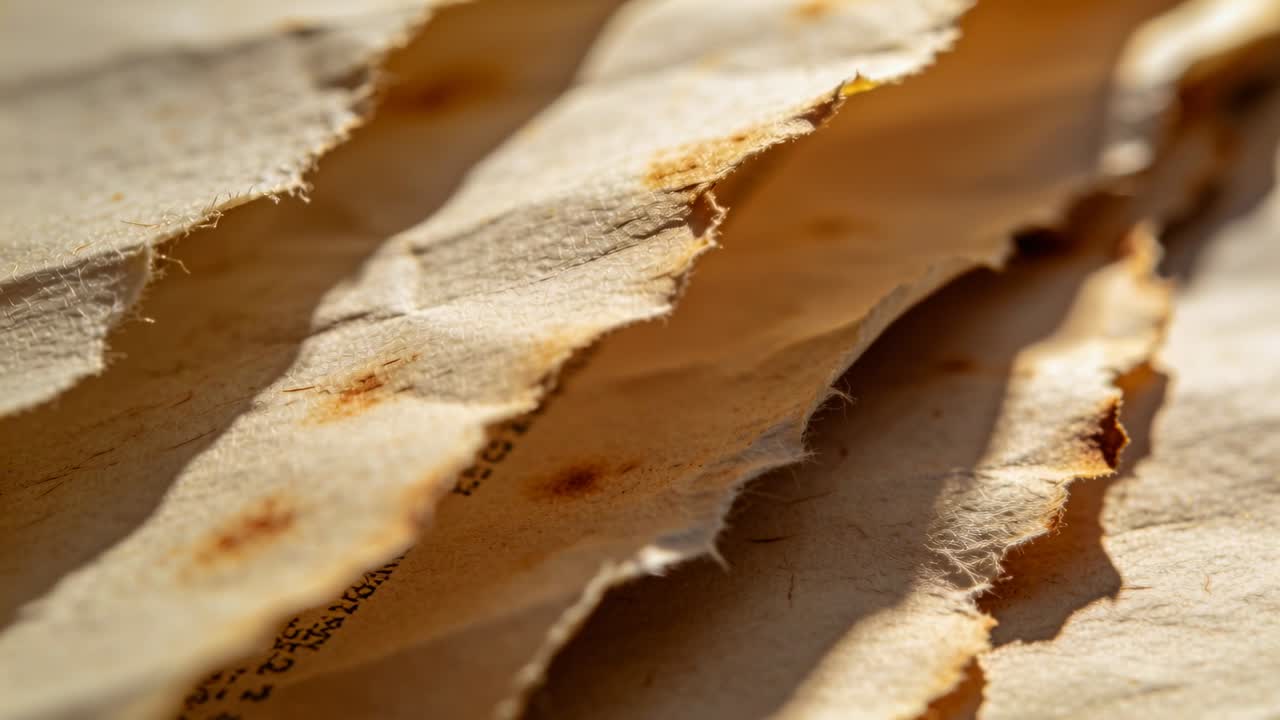 Telecamera che si sposta focalizzandosi su carta beige strappata sul tavolo, rivelando texture, fibre e macchie marroni.