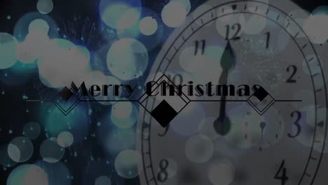 animation of christmas greetings over clock showing midnight and snow falling in background
