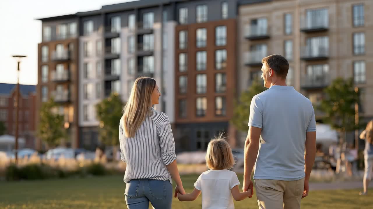 Apartman binasının yakınındaki parkta yürüyen aile