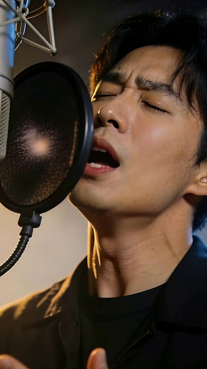 Video verticale: Cantante in cappotto scuro che si china verso il microfono con filtro anti-pop in studio per registrare
