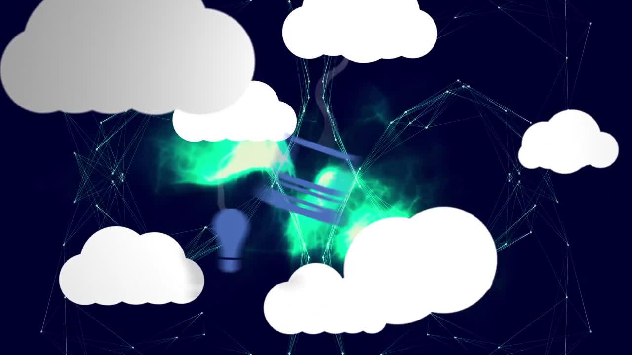 animación de iconos de medios y red de conexiones sobre fondo negro