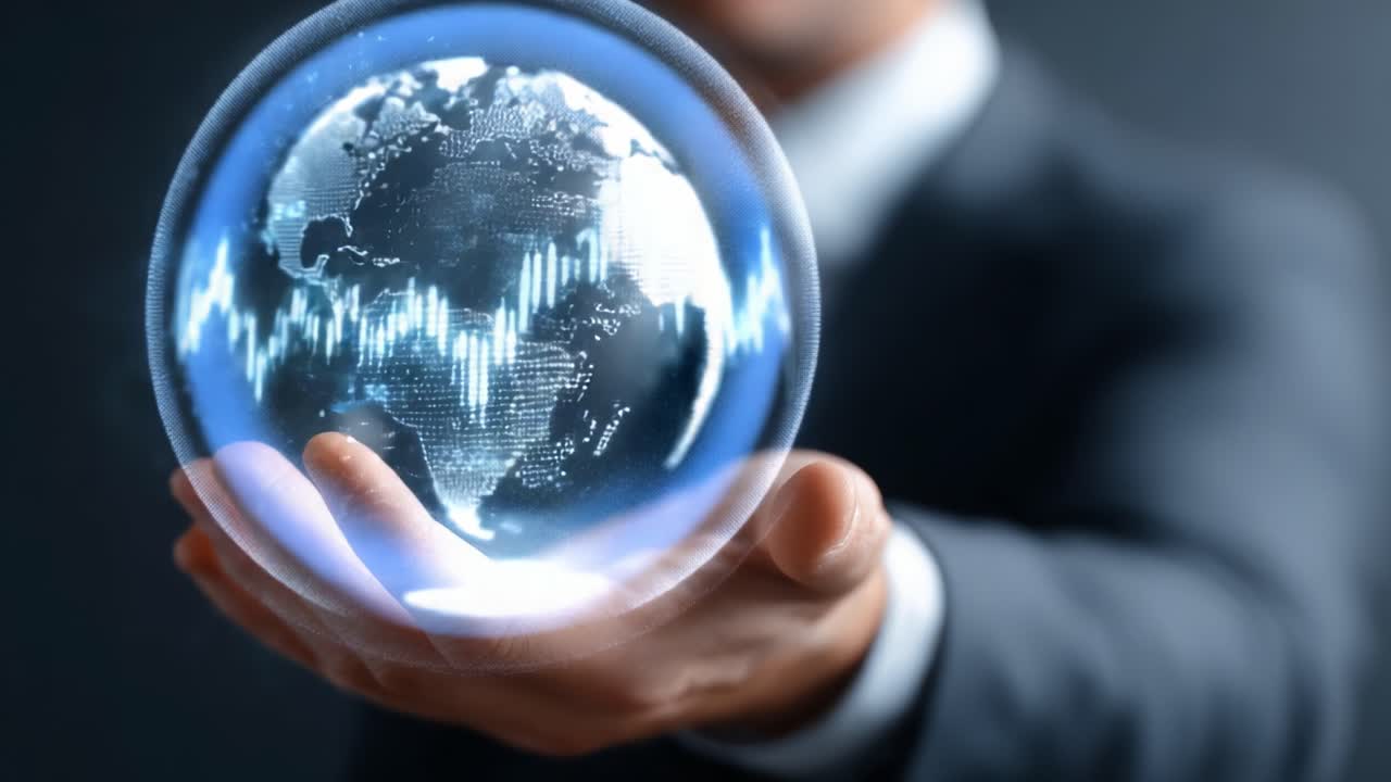 A Business Professional Holding a Floating Digital Globe with Sound Waves Representing Global Connectivity and Data Visualization in a Modern Corporate Environment