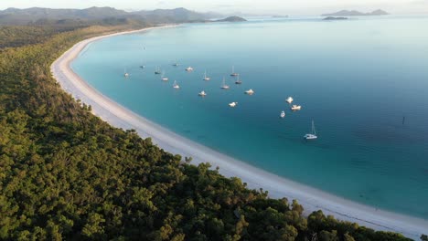 Whitehaven-Beach-Whitsundays-drone-aerial-with-boats,-Queensland-Australia