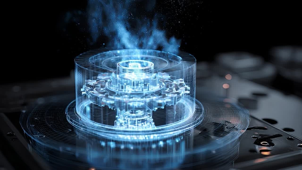 Futuristische transparante tandwielen met stoomvisualisatie in een industriële omgeving