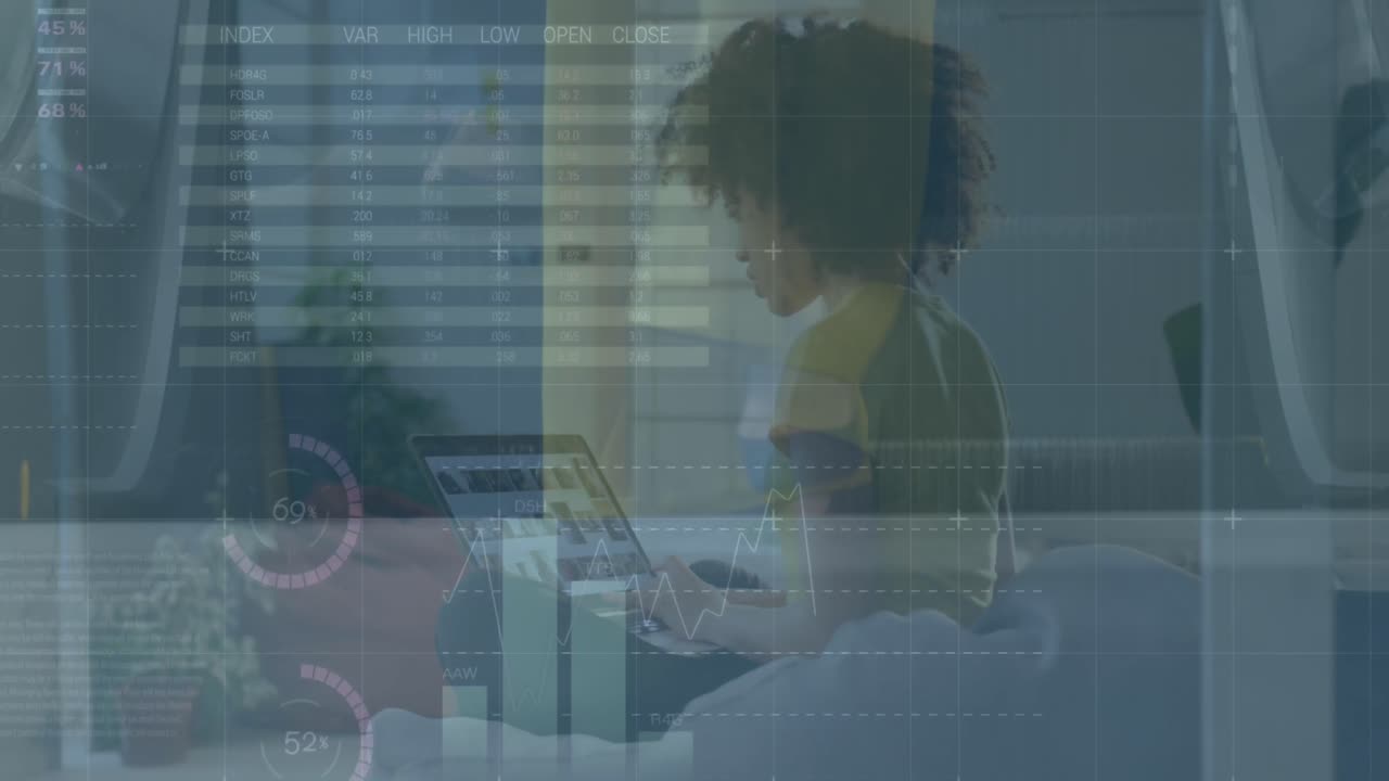 Animation of financial data processing over african american woman using laptop