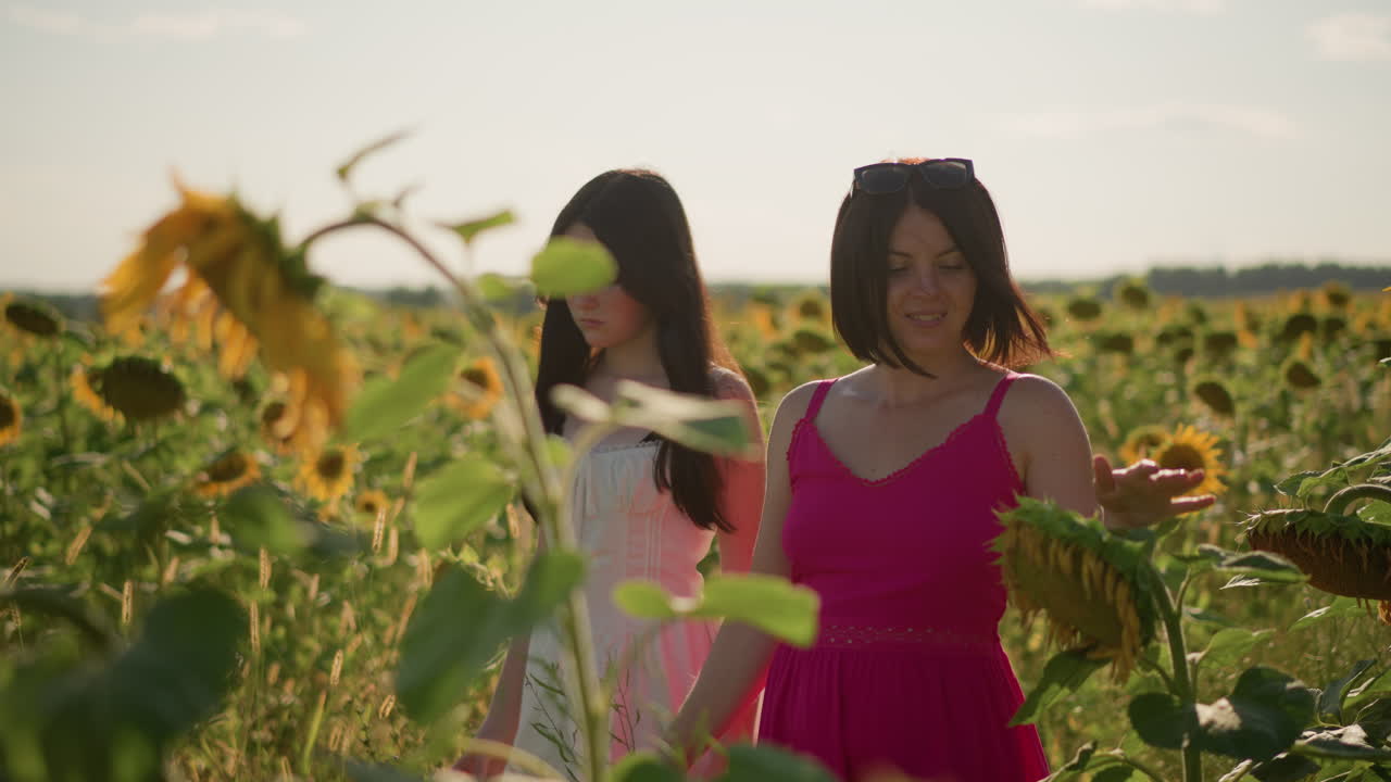 Dos mujeres pasean por un campo de girasoles, admirando y posando entre imponentes flores durante la hora dorada con una cálida luz solar, una brisa suave, vestidos de verano, sonrisas espontáneas y poca profundidad en un horizonte rural.