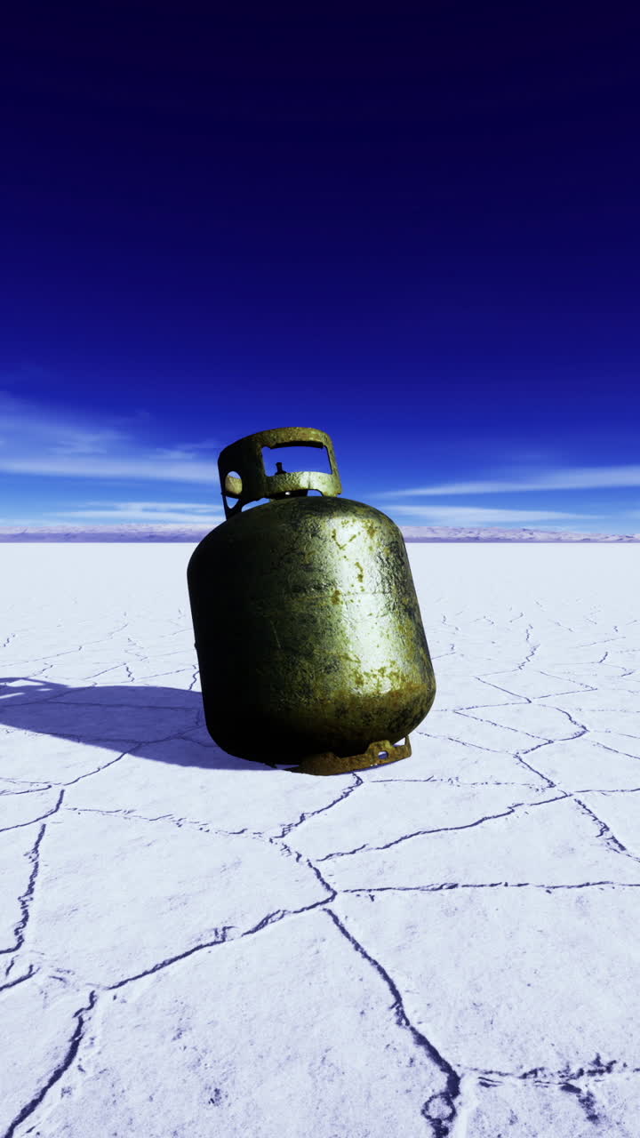 Gas cylinder stands alone amidst a vast salt flat under a clear blue sky