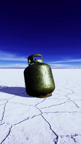 gas cylinder stands alone amidst a vast salt flat under a clear blue sky