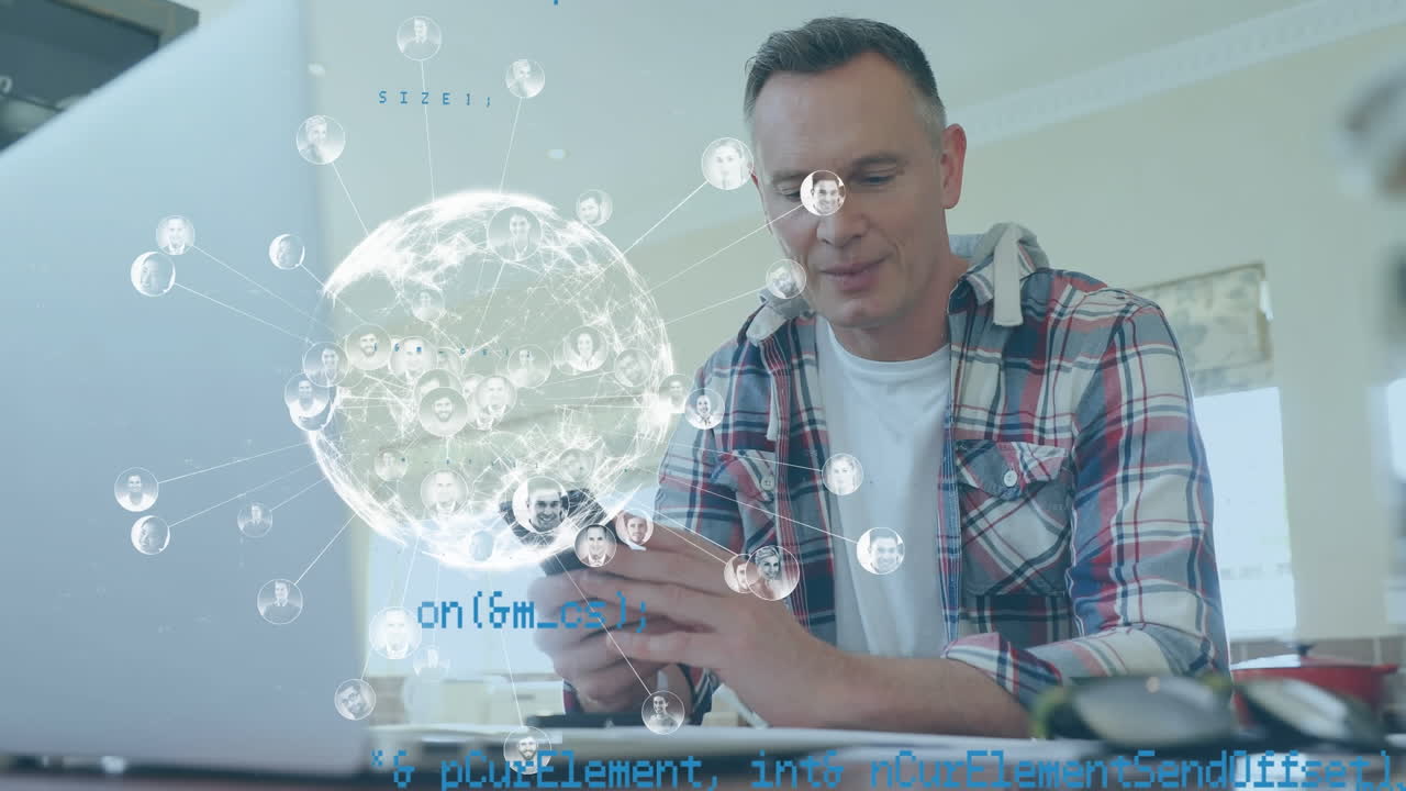 스마트 폰을 사용하여 카우카스인 남성의 데이터 처리 및 지구상의 애니메이션