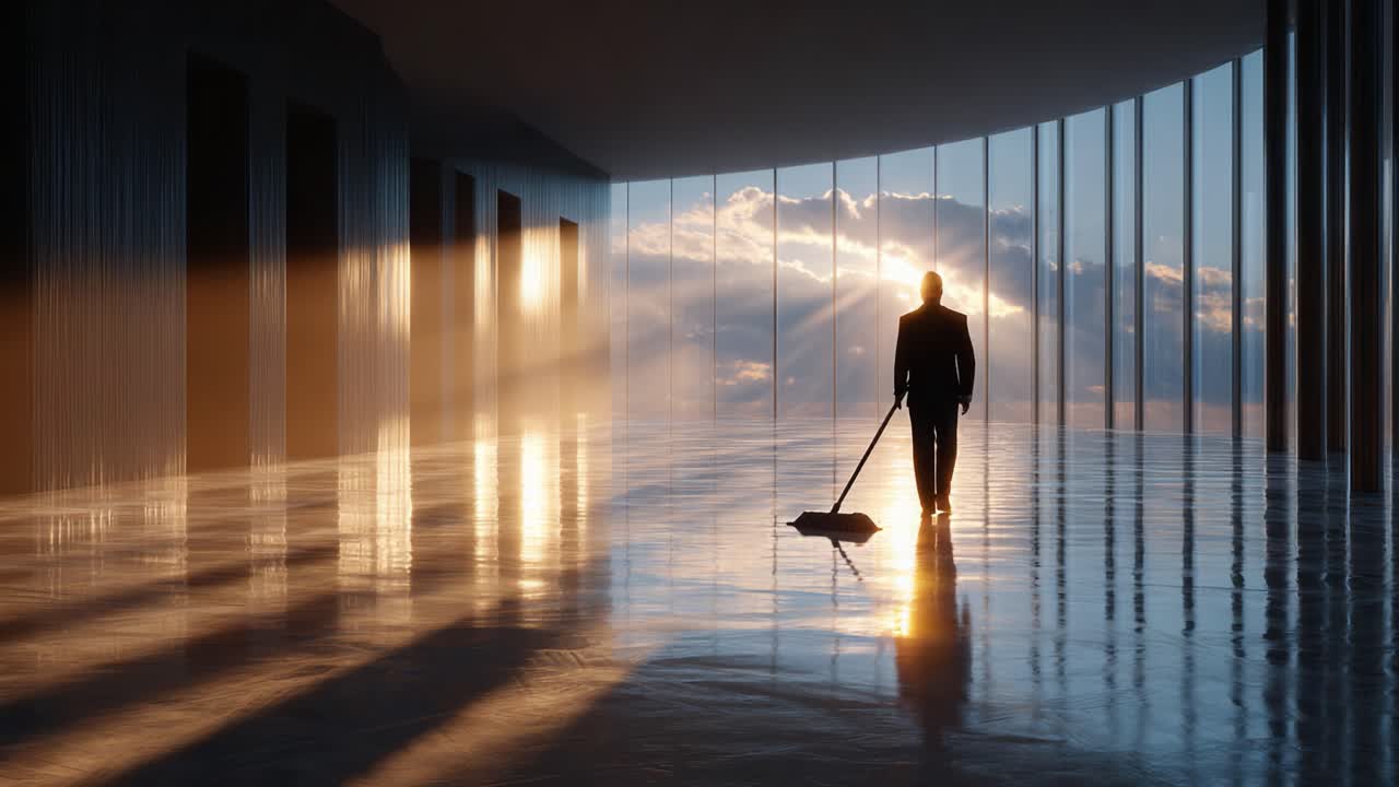 A solitary figure meticulously cleans a vast, modern space, reflecting the interplay of light and shadows against a backdrop of a serene sunset, evoking tranquility and introspection