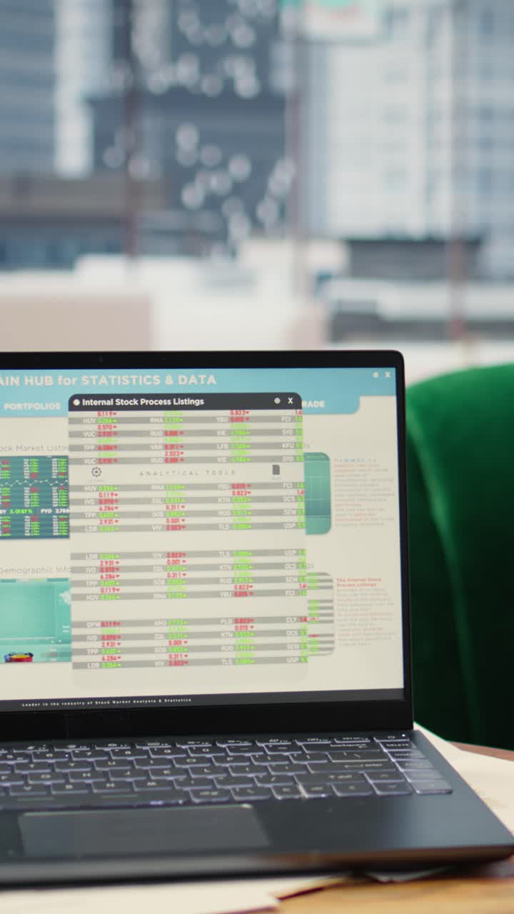 Vertical Video High tech device showcasing infographics and business data in empty office