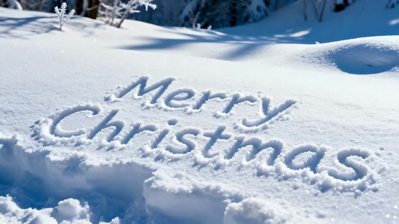 Moving camera revealing Merry Christmas carved in snow near pine trees, showing texture in sun