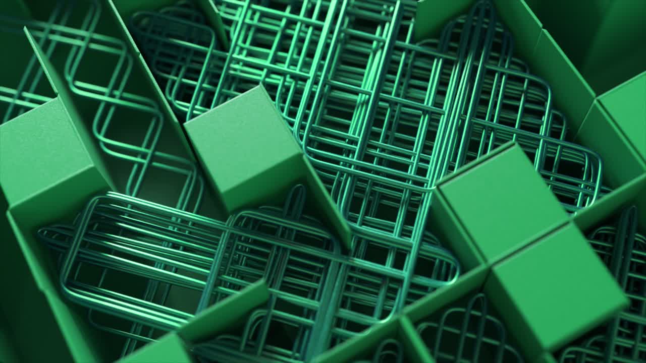 Abstract Geometric Pattern of Interlocking Green Cubes and Metal Shapes