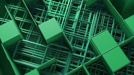 abstract geometric pattern of interlocking green cubes and metal shapes