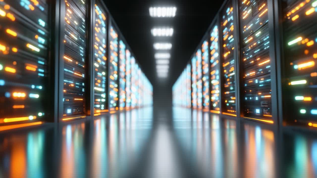 Un Data Center ad Alta Tecnologia: Rack di server illuminati creano una moderna infrastruttura digitale in uno spazio elegante e organizzato per l'archiviazione e l'elaborazione delle informazioni