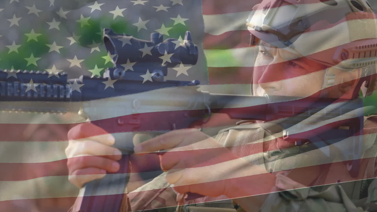 미국 발의 애니메이션이 두 인종의 남성 병사 위에 있습니다.