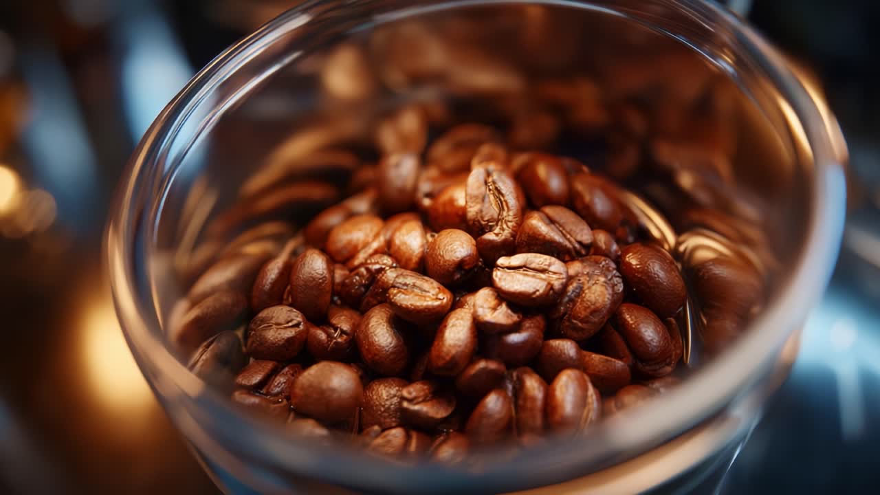 Immagine ravvicinata di chicchi di caffè tostati in un contenitore di vetro, che mette in risalto il loro aspetto lucido e il ricco colore marrone, ideale per appassionati ed esperti di caffè