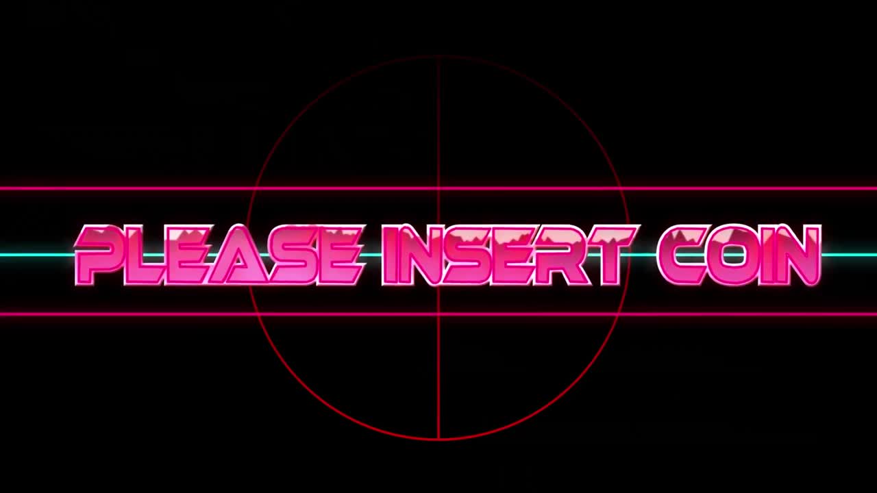 Animation of please insert coin text over light trails on black background
