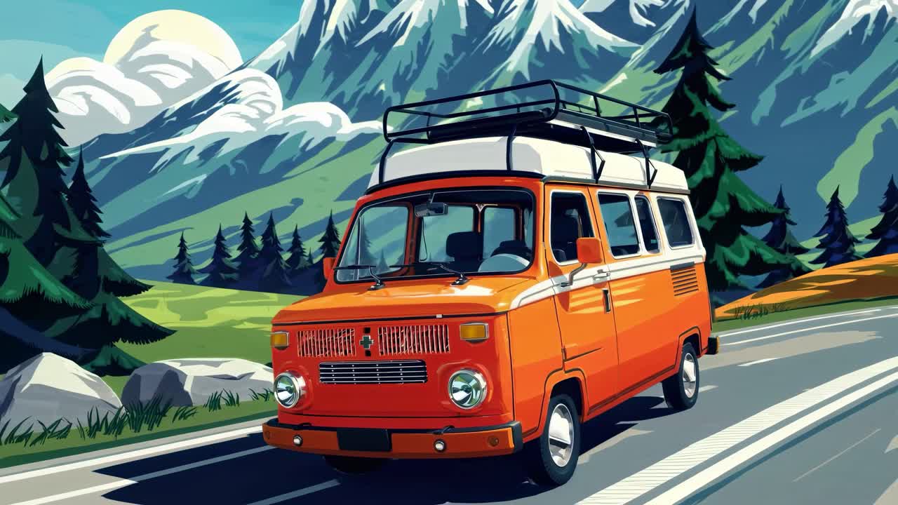Retro-Van auf einer malerischen Bergstraße, in einer Aufnahme aus niedrigem Winkel.