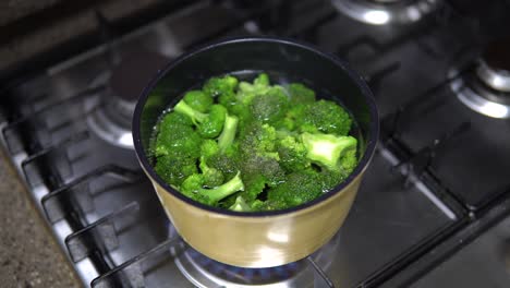 healthy green organic raw broccoli florets are boiled in water