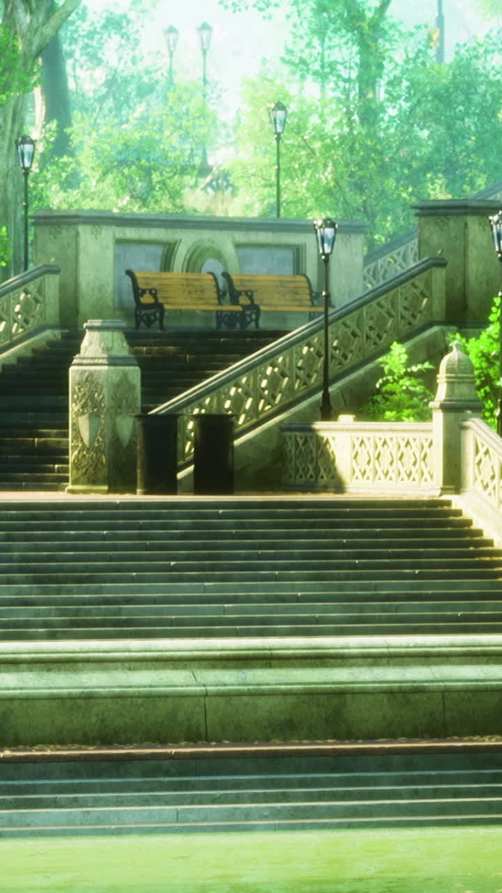 Serene park steps leading to a peaceful water body in afternoon light