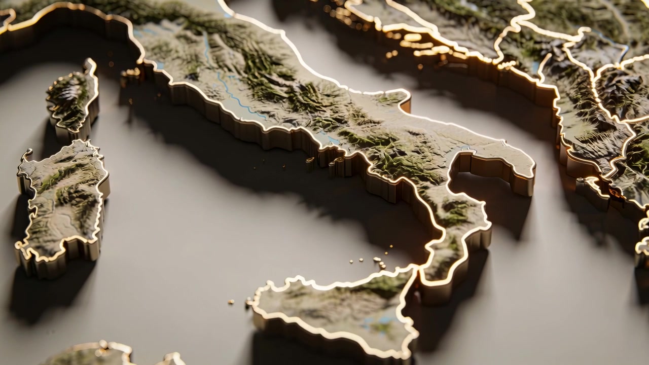 動畫開始，鏡頭掃過底座上的浮雕意大利地圖，金色海岸線，呈現立體感。